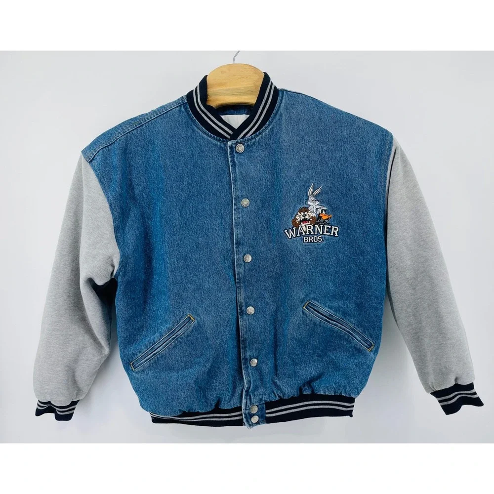 Warner Bros. 90s Vintage Jacket Mens Large Blue Denim Varsity Looney Tunes VTG
